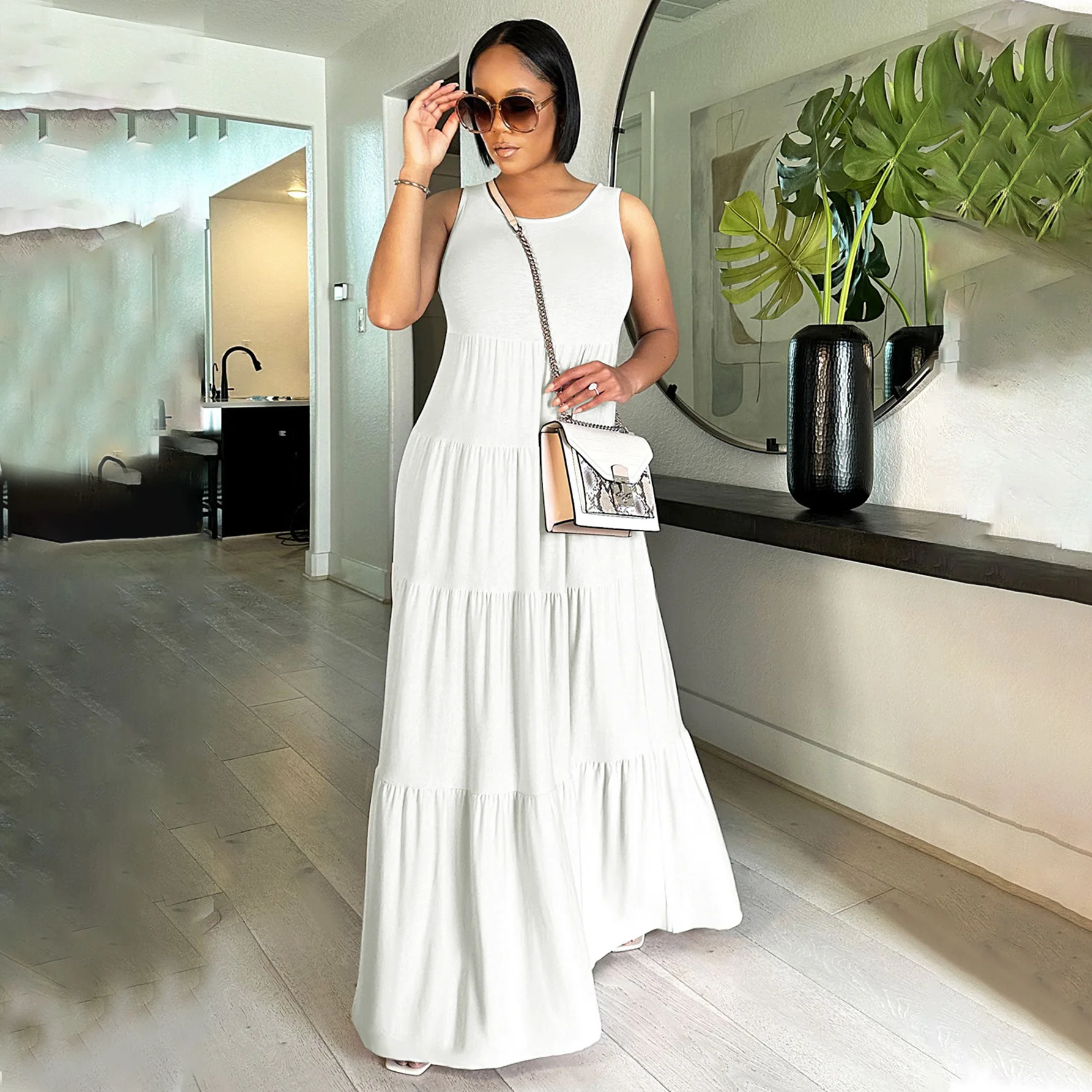 

LKF Solid Color Casual Long Dress Women's Sleeveless Tank Top Round Neck Large Drop Pleated Loose Swing Skirt