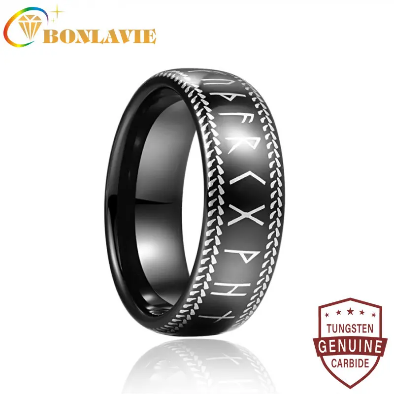 

BONLAVIE 8mm Black Color Carbon Men Wedding Ring Jewelry Black Laser Phoenician Lettering Tungsten Steel Ring