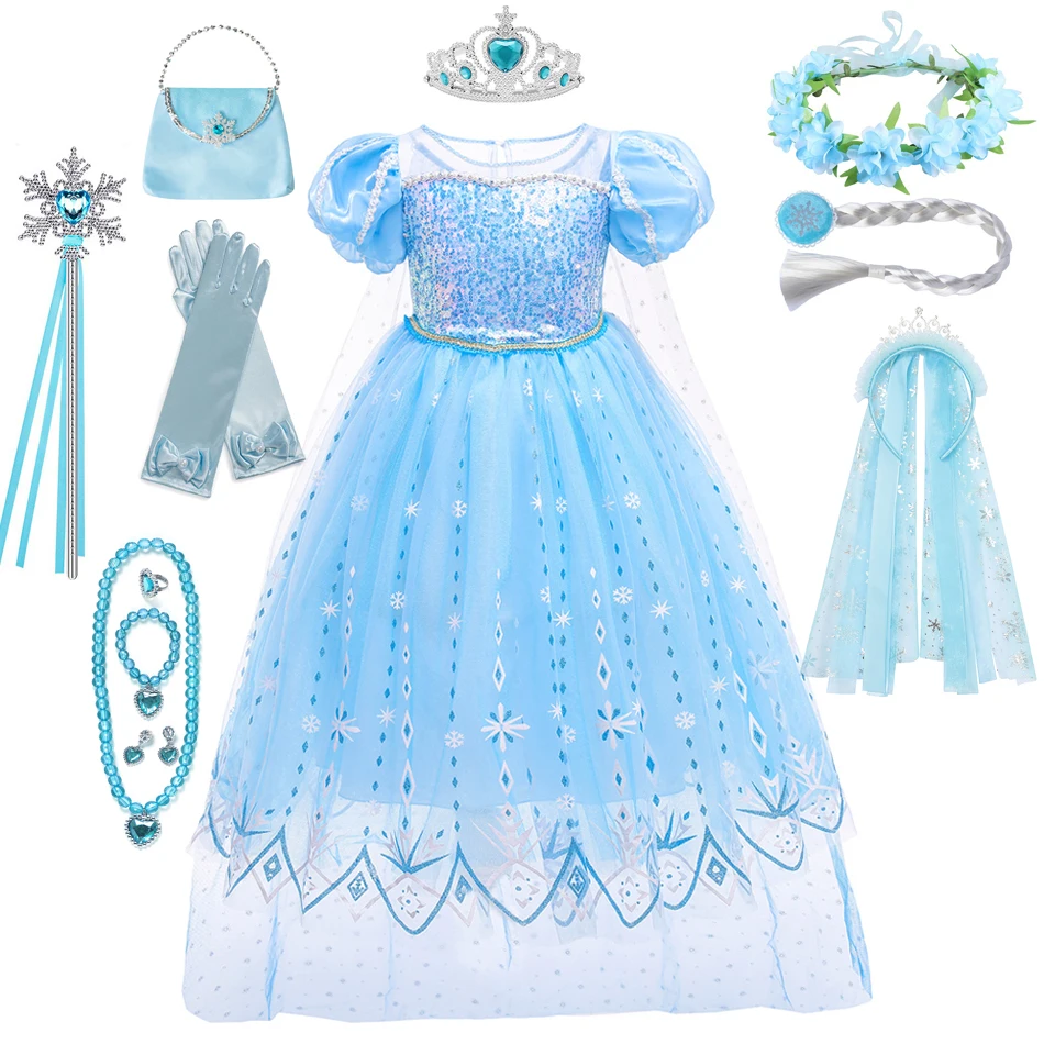

Frozen Elsa Princess Dress Crown Gloves Sequins Ball Gown for Girl Kids Fancy Clothing Party Birthday Cosplay Snow Queen Costume