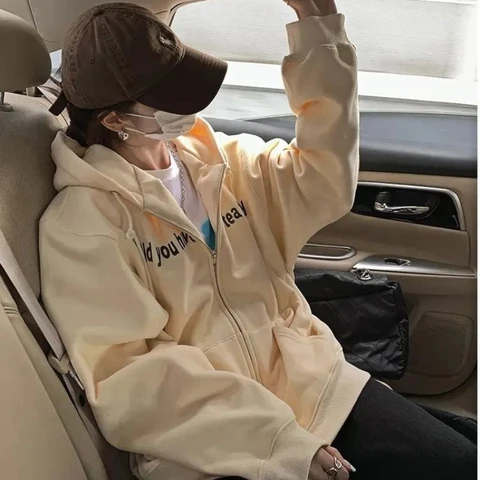 Hooded Sweatshirts Clothing Spring Autumn Outwear Women Hoodies Zip Up Loose Streetwear Leisure Students Chic All-match Casual