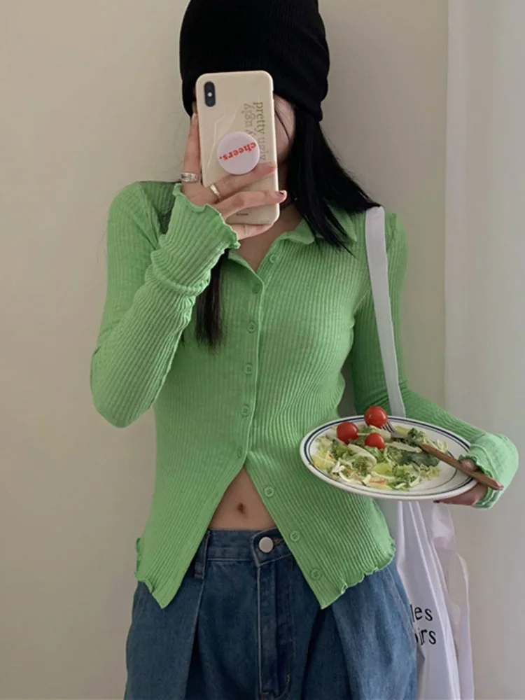 

Однотонный облегающий вязаный свитер на пуговицах, кардиган для женщин, простой свитер с длинным рукавом на осень и весну, корейская мода 2022