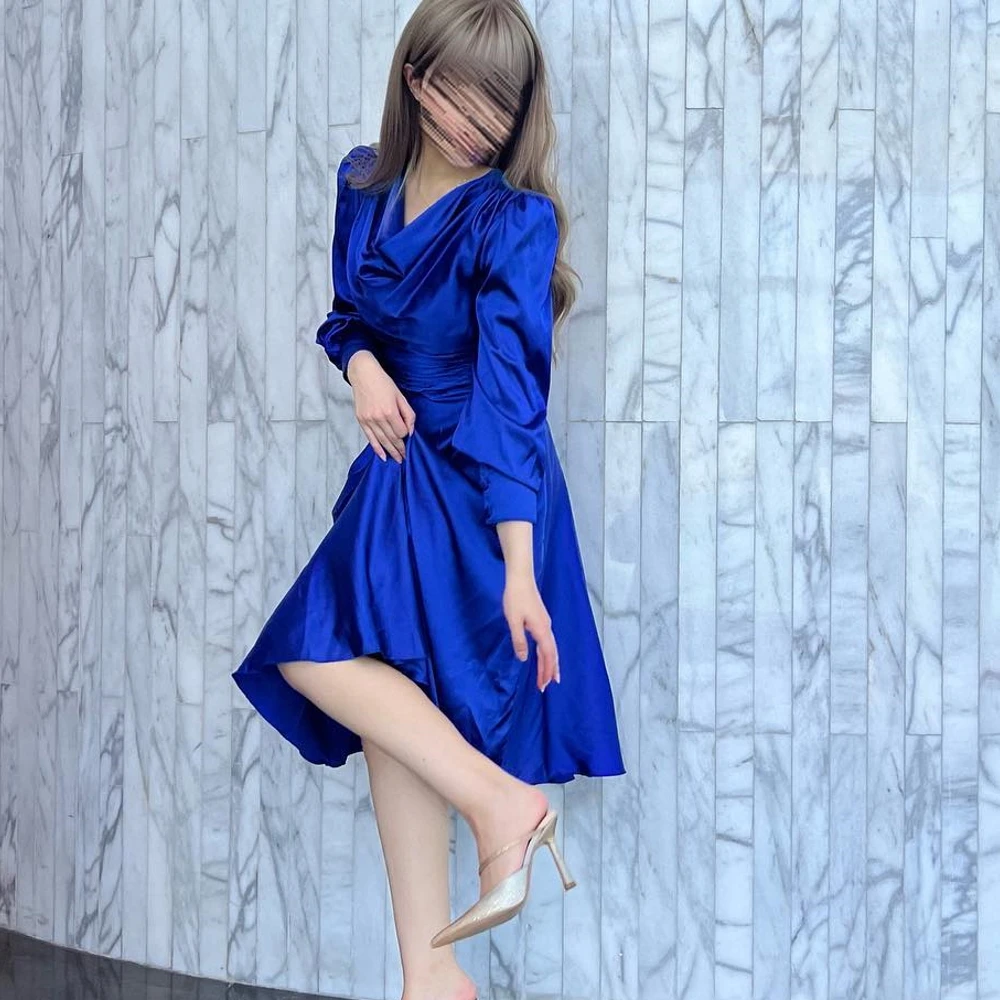 

OEING Knee Length Blue Evening Dresses فساتين السهرة Cowl Neck Satin Short Elegant Party Gowns Prom Dress Robe de soirée