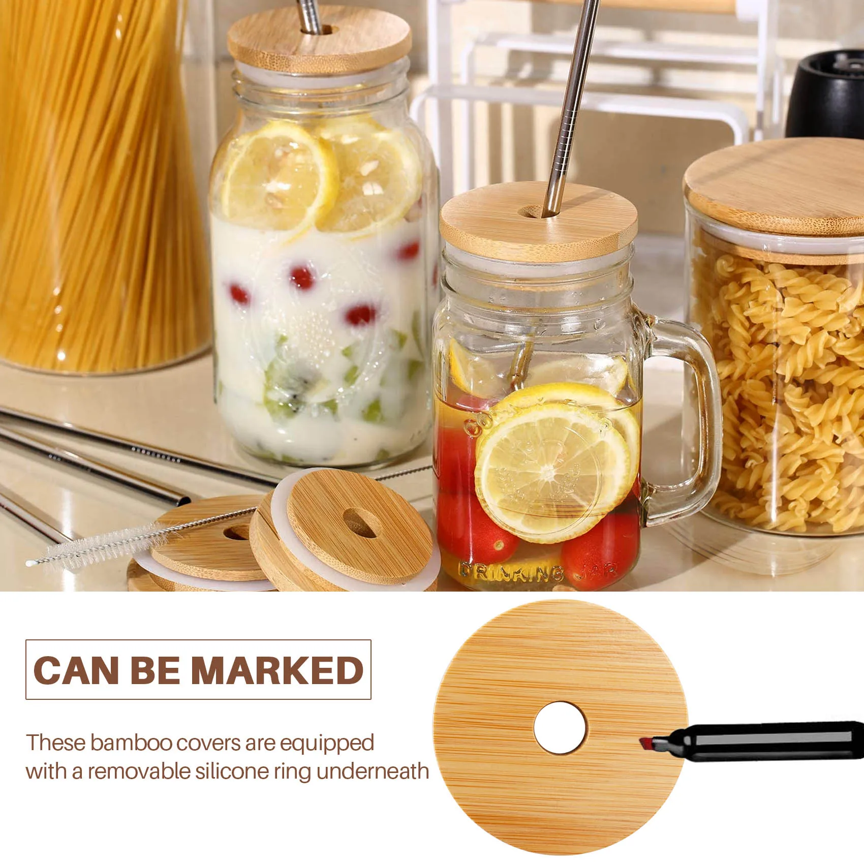 

Reusable Bamboo Jar Lids 70MM Bamboo Jar Lids with Straw Hole for Wide Mouth Jar