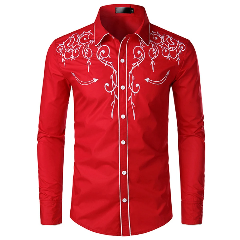 

African Western Cowboy Embroidery Shirts Men Casual Long Sleeve Slim Fit Shirt Prom Chemise Homm Men's Club Prom Chemise Homm