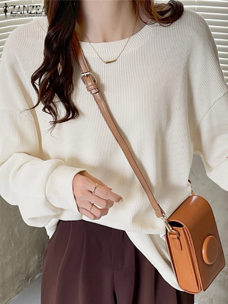 

Женские Элегантные однотонные футболки, топы с длинным рукавом на весну и осень, туника ZANZEA, свободные пуловеры в стиле ретро, повседневные ...