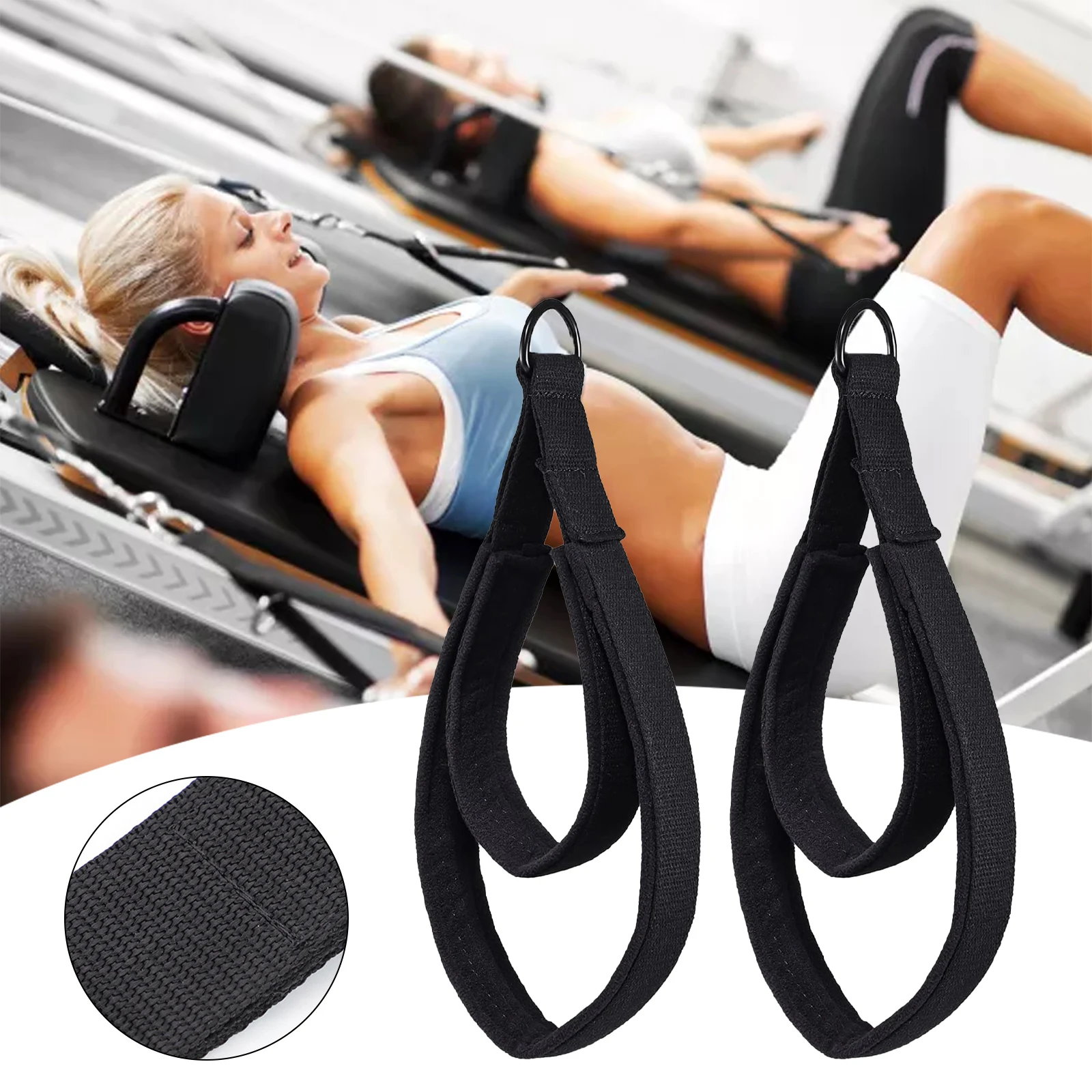 

2pcs Double Loop Pilates Circle Foot Straps Black Foot Reformer Fitness Equipment Straps Pilates Double Loop Straps With D-rings