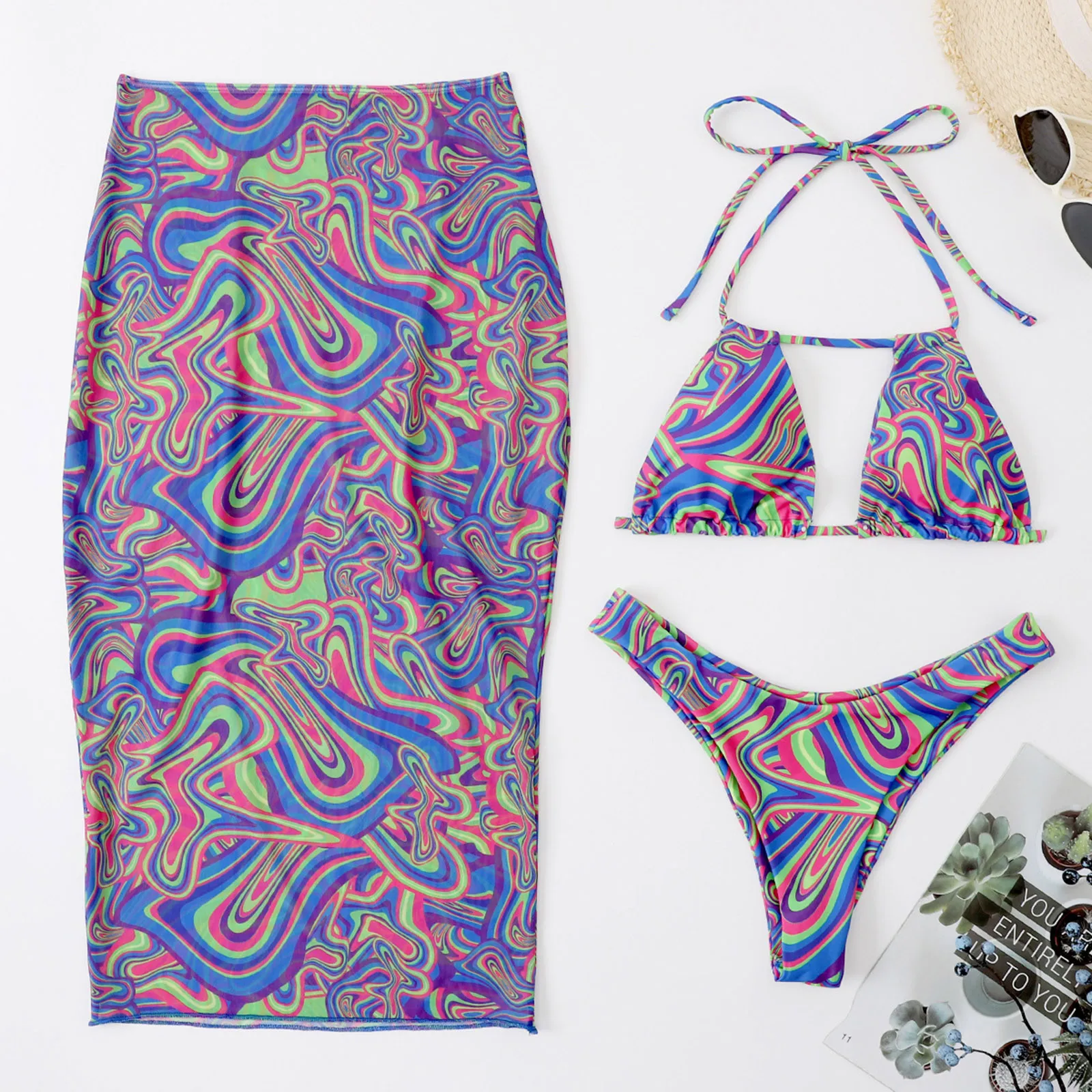 

Fashion Three Piece Bathing Suit For Women Summer Fashion Bikinis Set Sexy Printed Bikini Swimsuit Three Piece Swimwear Biquini