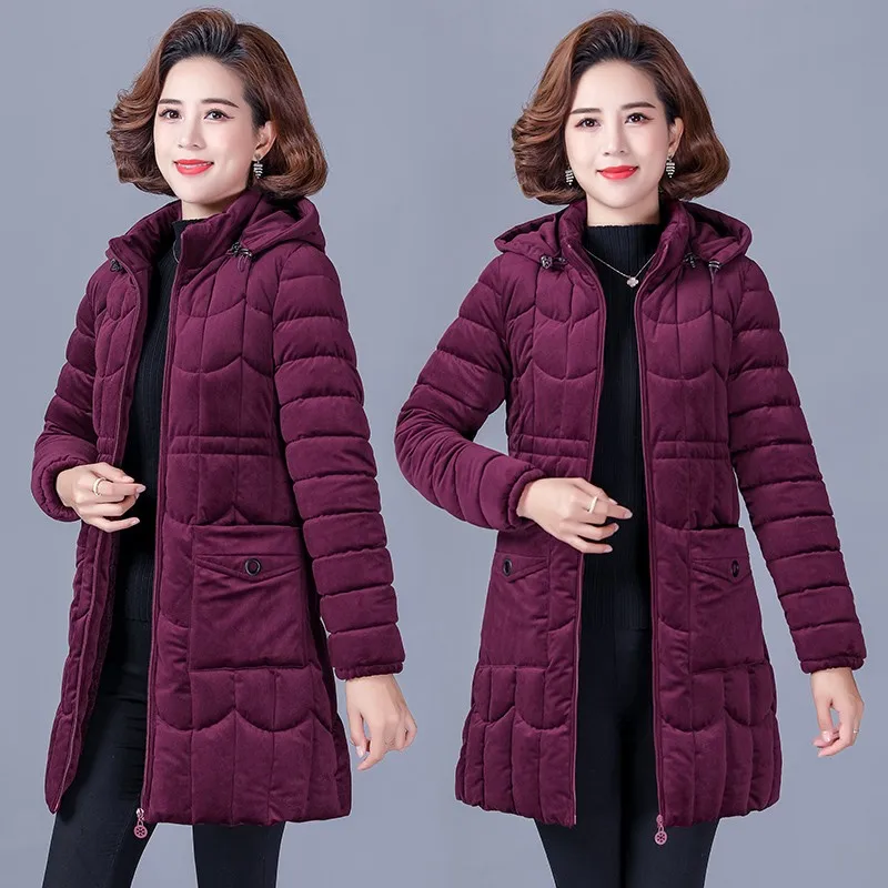 

Женская зимняя хлопковая куртка для женщин среднего возраста, плотное теплое бархатное пальто для мам, женские парки больших размеров с капюшоном, верхняя одежда 6XL
