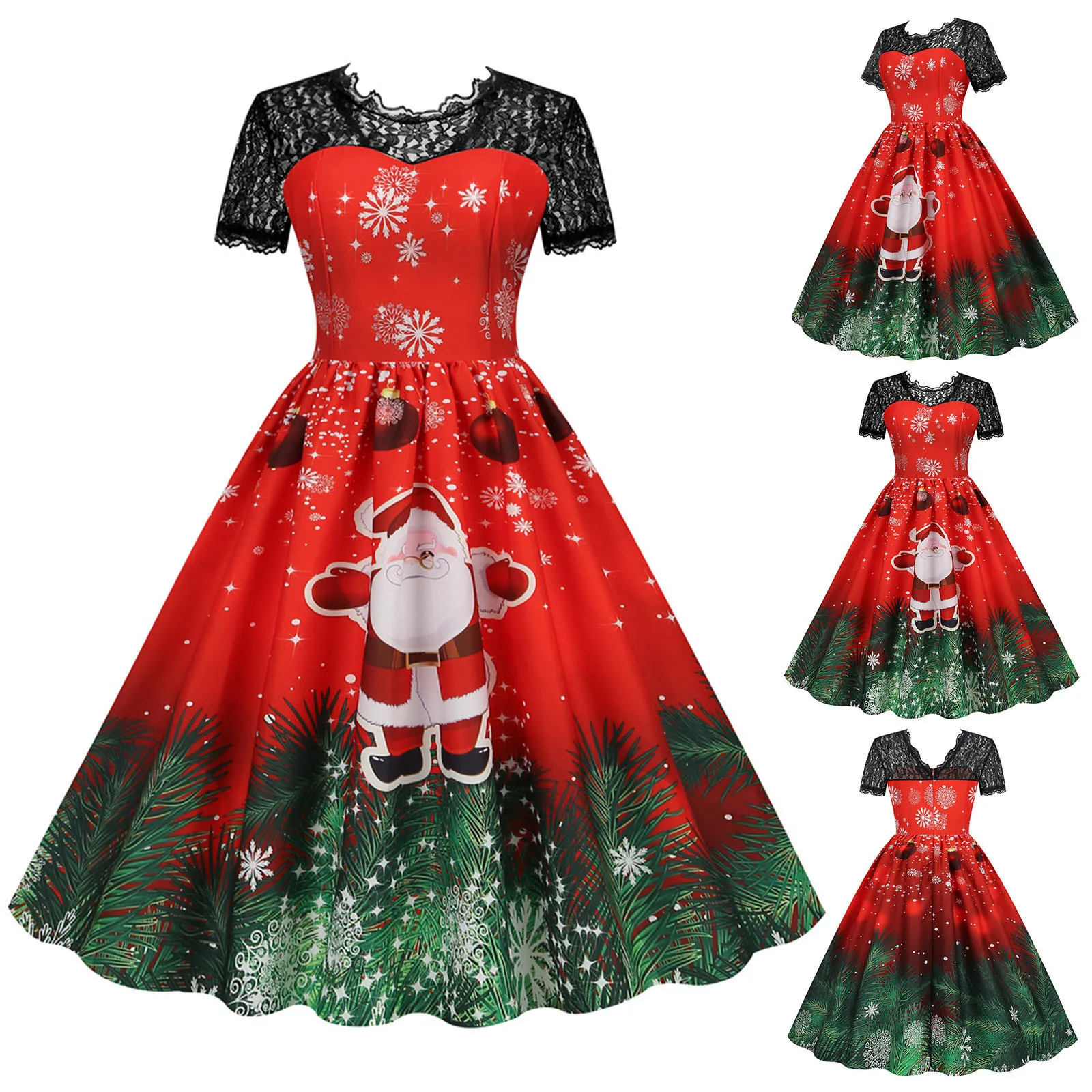 

Women Christmas Short Sleeve Lace 1950s Housewife Evening Party Prom Dress Tight Summer Dress for Women