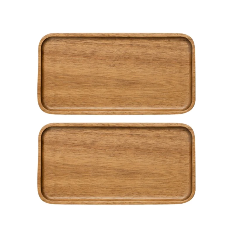 

2X Acacia Serving Tray, Rectangular Solid Wood Flat Bottom Plate, Fruit Plate, Saucer, Tea Tray, Dessert Plate-Small