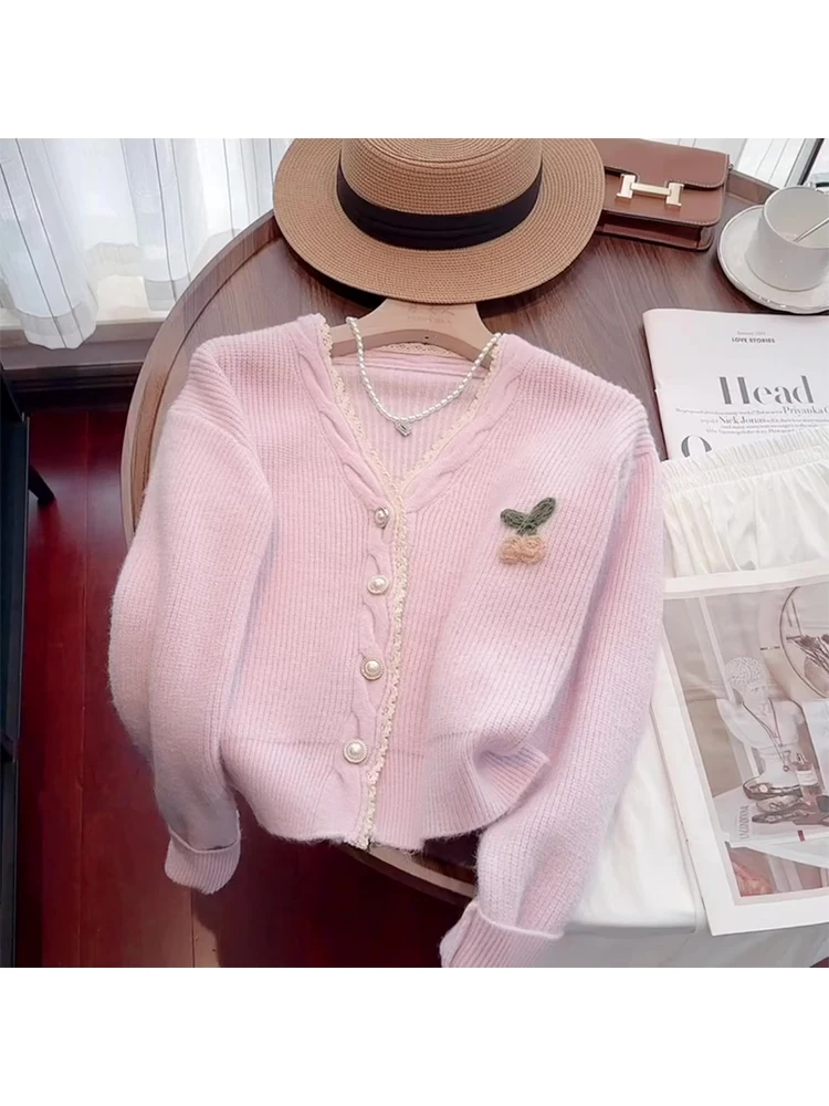 Женский винтажный кардиган с кружевом трикотажный длинным рукавом и V-образным