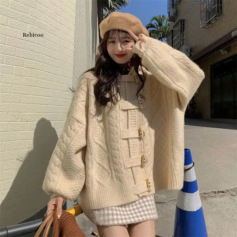 

2022 Autumn Winter Women's Casual Loose Sweater Jacket Korean Lady Fashion Horn Button Hooded Knit Cardigan Daily Joker Coats