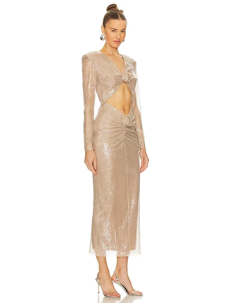 Женское платье с V-образным вырезом длинное цвета хаки длинными рукавами и