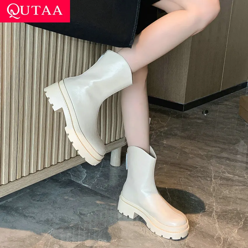 

QUTAA/2023; Женские ботильоны из натуральной кожи; Сезон осень-зима; Обувь «Челси» на толстом каблуке; Обувь на платформе; Женская повседневная обувь для работы; Размеры 34-40