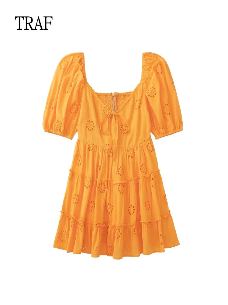 

TRAF Women Embroidered Cutout Dress Woman Summer Fashion Bow Tie Short Elegant Dresses Ladies Vintage Puff Sleeve Dress 2022
