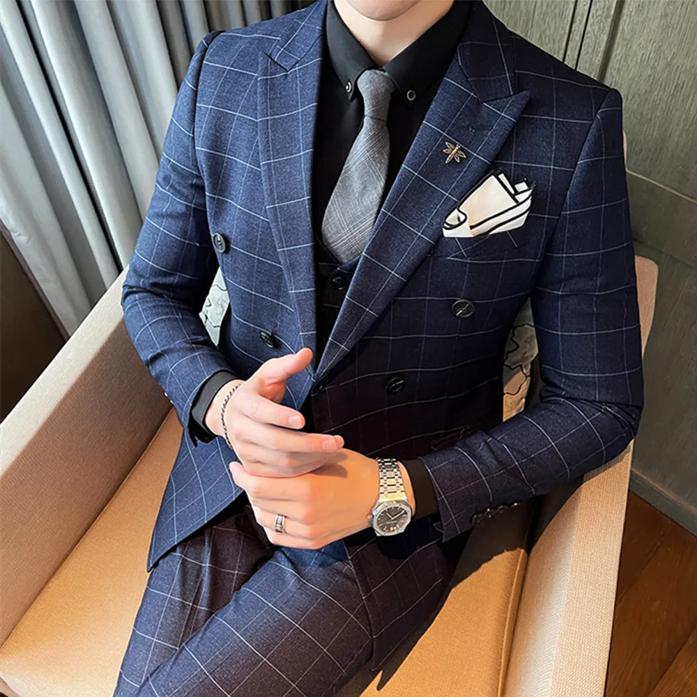 

Latest Casual Plaid Men Suit 2022 Slim Fit Double Breasted 3 Pieces Formal Business Men's Set Costume Homme (Blazer+Vest+Pants)