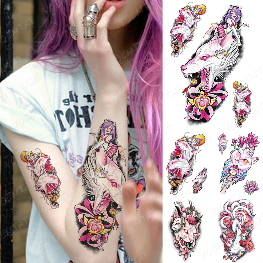 

Водостойкая Временная тату-наклейка, японская красивая девушка, девять хвостов, лиса, тело-арт, искусственная татуировка для мужчин, женщин,...