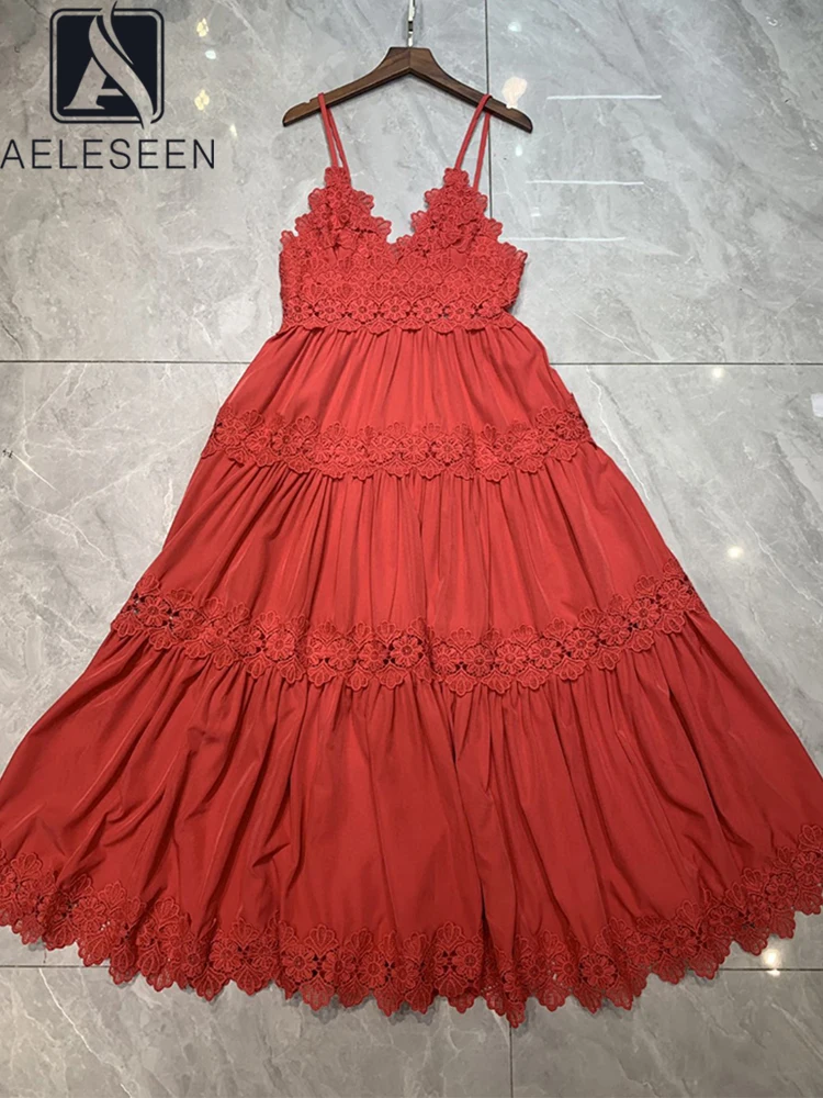 

AELESEEN 2022 Summer Dress Women White Blue Spaghetti Strap Lace Patchwork Flower Embroidery Ruffle Fashion Party Long Camisole