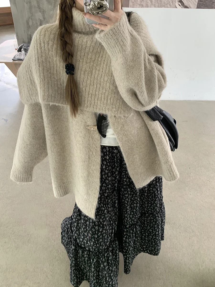Outdoor Retro Stacked Knitted Shawl Scarf Women Winter Horn Buckle Turtleneck sweater Cardigan Outerwear Two-piece Set