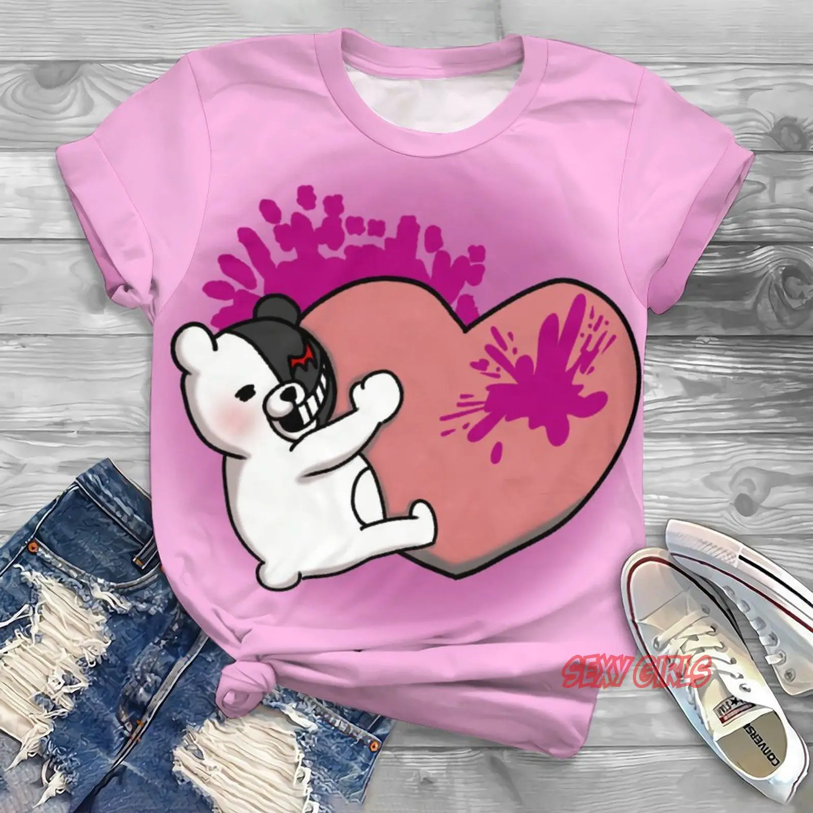 

Летняя одежда с аниме принтом Monokuma, Женская Повседневная модная сексуальная одежда с коротким рукавом для девушек, футболки, женская футбол...