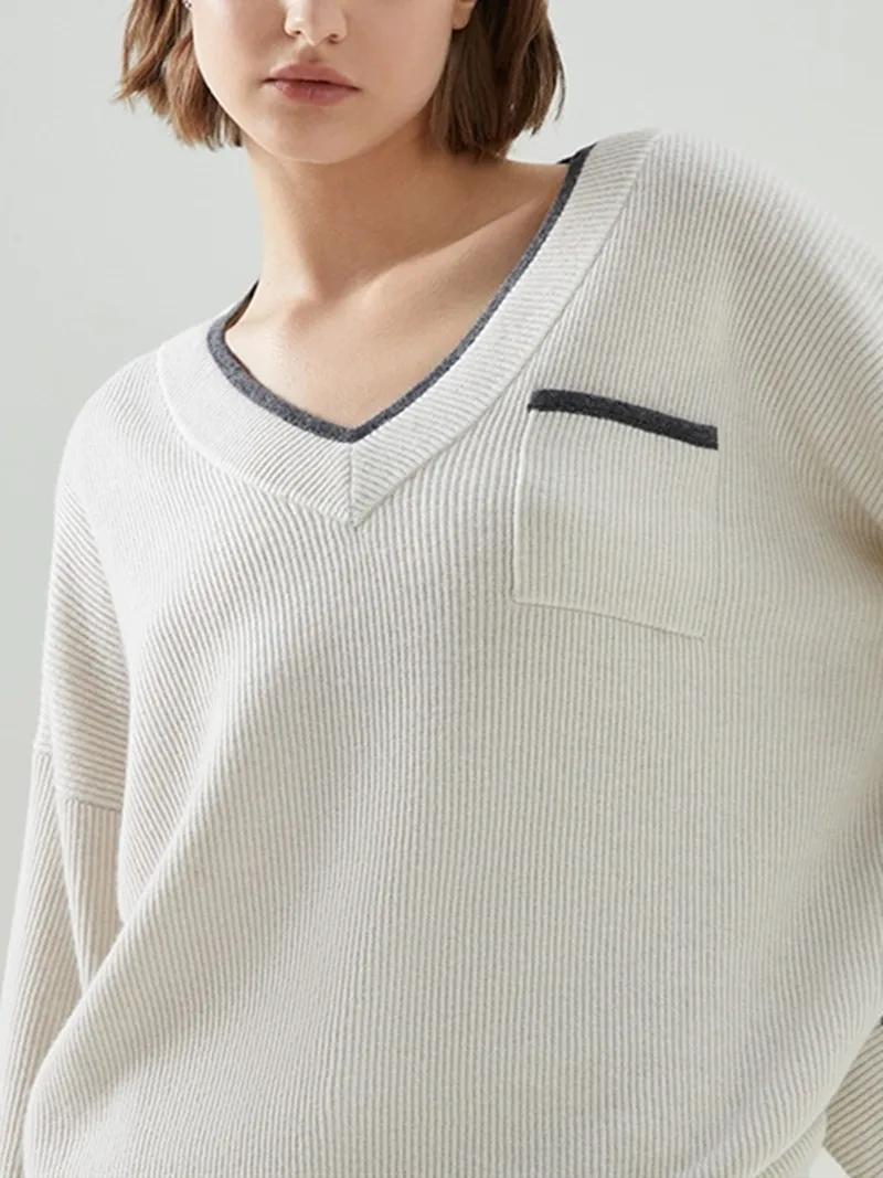 

Women Sweater Knitted Blocking Trim Jumper Casual Pullover
