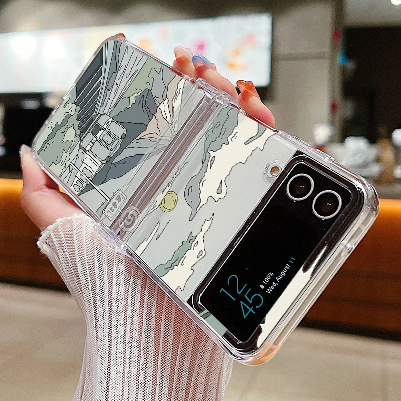 Прозрачный чехол для телефона с пейзажным узором Samsung Galaxy Z Flip 6 5 4 3 5G