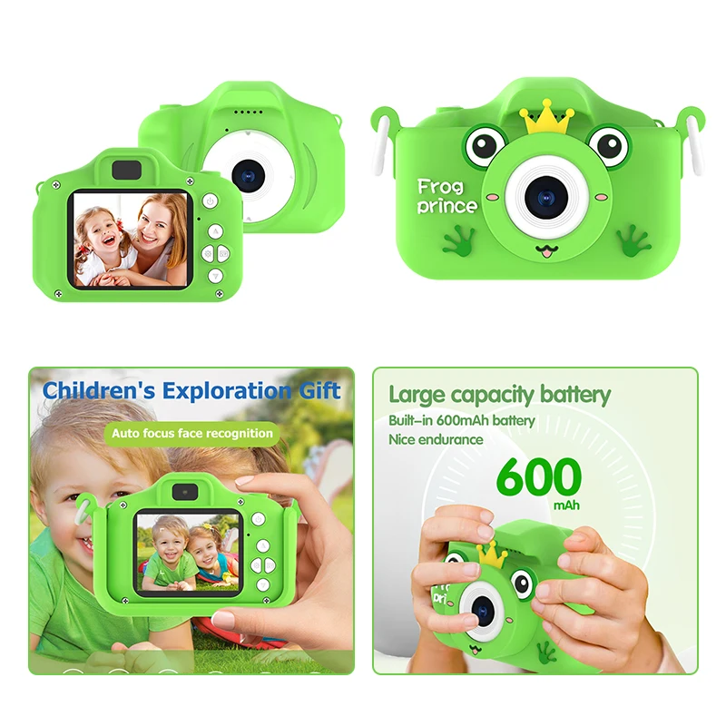 

2 Inch IPS Screen Kids Video Camera Birthday Gift Cartoon Frog Photography Camera USB Charging Digital SLR Camera with 32GB Card