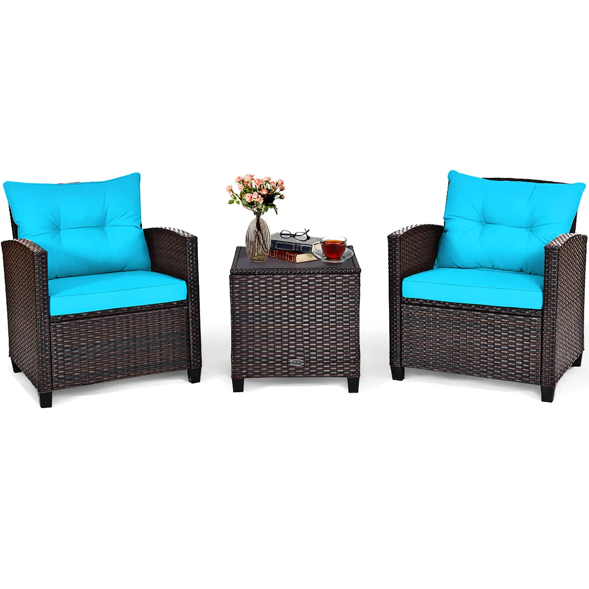 

3pcs Turquoise Patio Rattan Furniture Set Cushioned Conversation Sofa Set