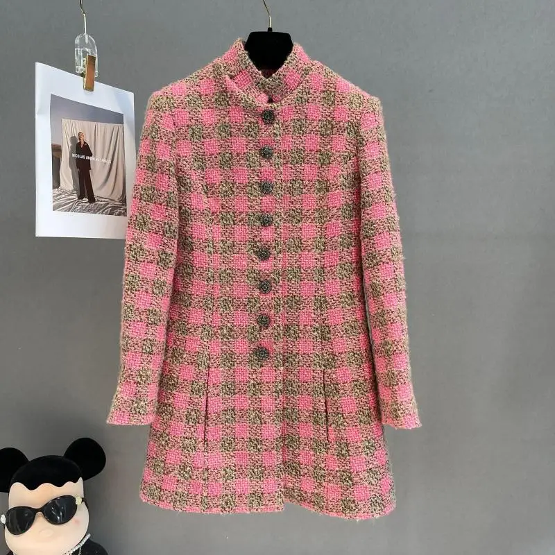 

Runway Retro Wool Blend Plaid Tweed Stand-Up Collar Long-Sleeved Cardigan Slim Single Breasted Dress Women 2023 Fall Winter New