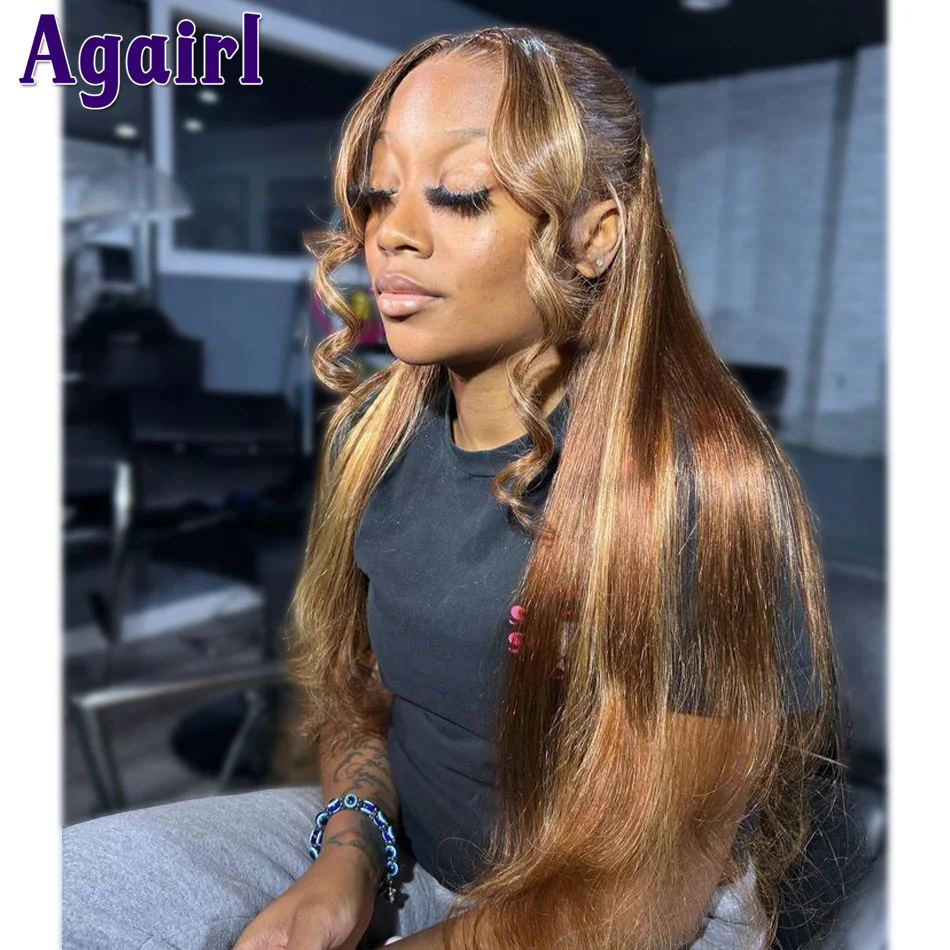 

Brown with Blonde Highlight Wig Human Hair Straight 13x6 Lace Frontal Wig Glueless Wear Go 4X6 Lace Closure Wigs for Black Women