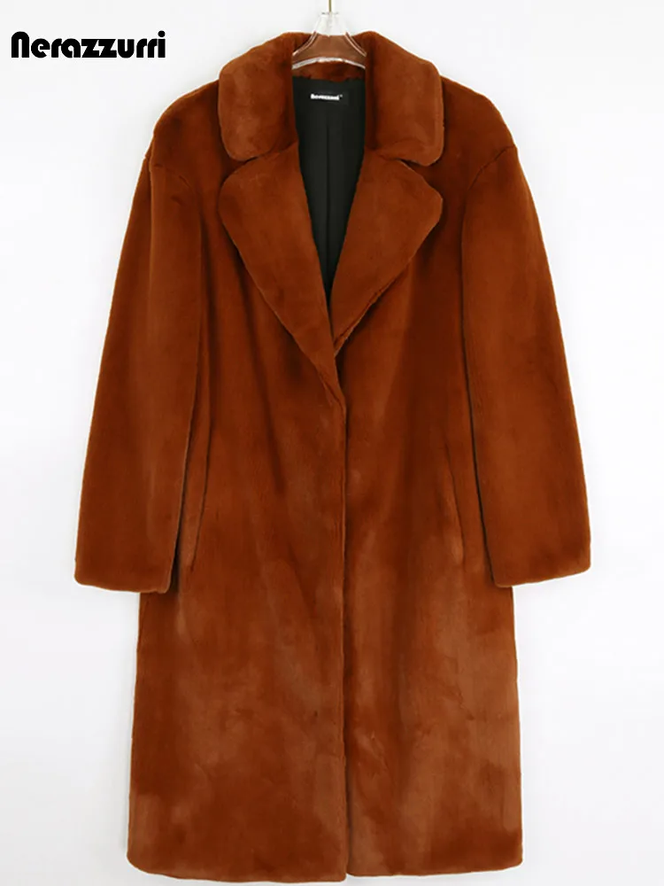 Nerazzurri Winter Warm Thick Long Brown Fluffy Faux Fur Coat Women Lapel Elegant Luxury Sheared Mink Fur Overcoat 5xl 6xl 7xl
