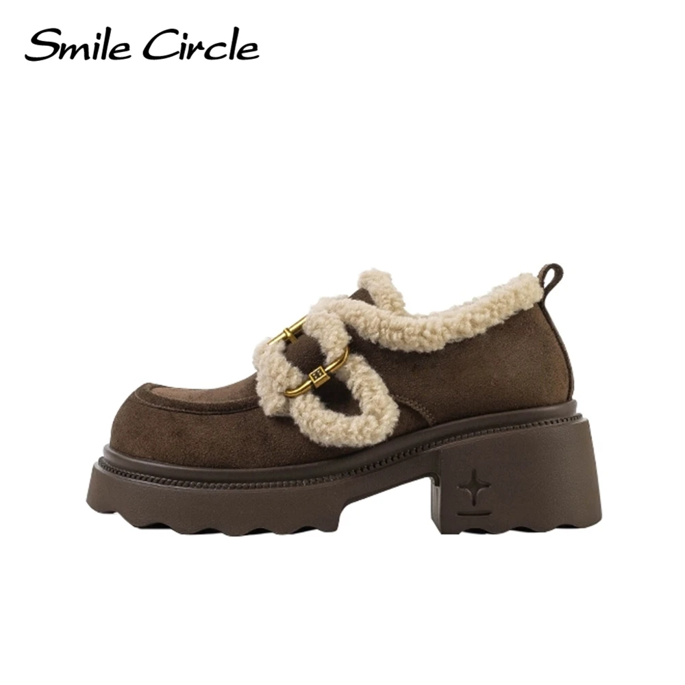 Фото Женская повседневная обувь Smile Circle, зимние замшевые кожаные туфли на каблуке, модные теплые туфли на массивном меху №3