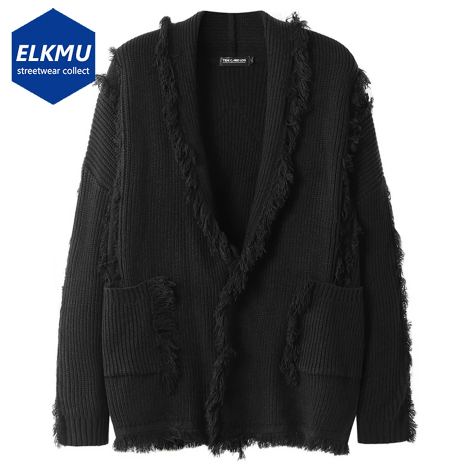 

Свитер с бахромой, кардиган, уличная одежда, Свободный Повседневный вязаный свитер, мужской кардиган в стиле Харадзюку, хип-хоп, кардиган-карго, черное пальто 2023