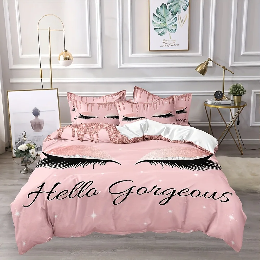 Фото Комплект постельного белья Hello Gorgeous с принтом ресниц, розовый блестящий пододеяльник с наволочками, мягкое постельное белье из микрофибры для девочек №3