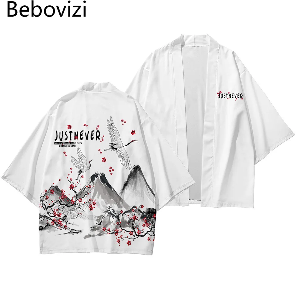 

Crane Peach Blossom Print Traditional Kimono Men Women White Cardigan Cosplay Shirts Japanese Streetwear Samurai Haori 2022