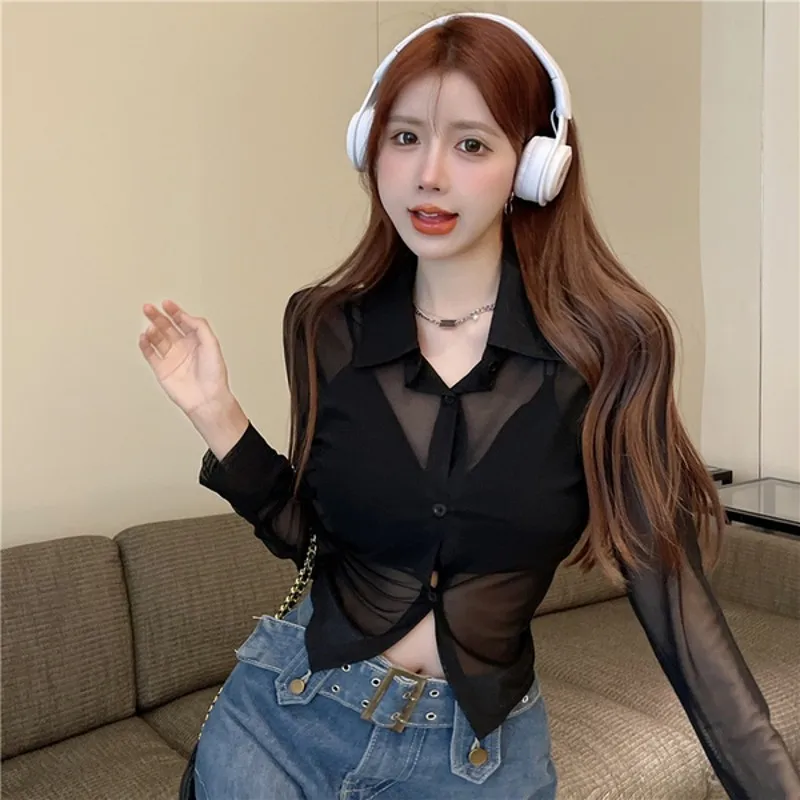 

2022 summer Black Mesh Shirt Sexy Blouse Women Tops Girls See Through Shirts Sexy Blouses Button Up Shirt