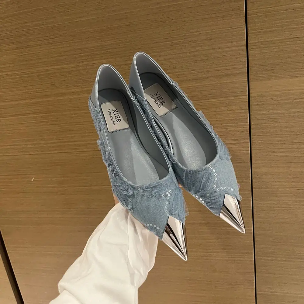 

Denim Women Flat Loafers Pointed Toe Rhinestone Sequined Cloth Autumn Spring Autumn Spring Casual Loafers Mary Janes Blue 35-39