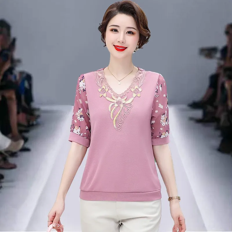 

Fashion Summer Chiffon Short Sleeve T Shirt Woman O Neck Patchwork knitting T-shirt Woman Shirt Women Shirts
