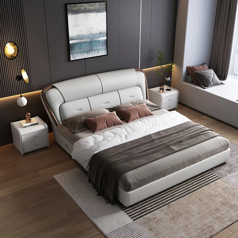 

Роскошная деревянная кровать в американском светильник ле, простая кожаная кровать для хозяйской спальни, софтбокс для хранения, свадебная кровать знаменитости