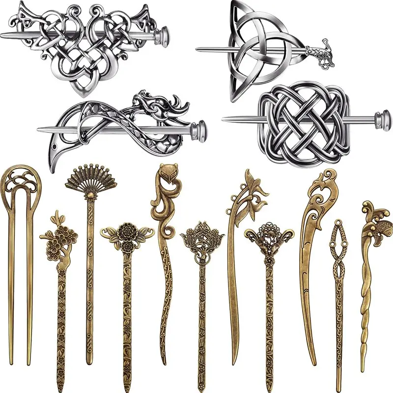 

4 Pcs Retro Sliver Hair Slide Hairpins and 11 Pieces Vintage Bronze Hair Sticks Hair Chopstick Vintage Hair Sticks Knot Viking