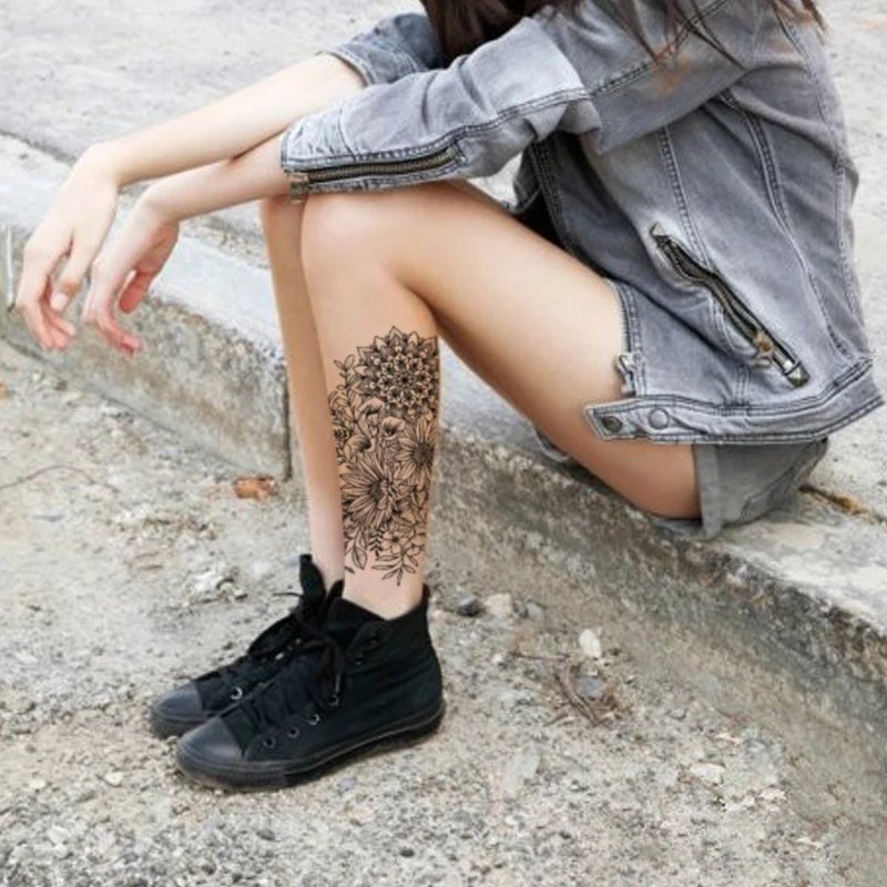 

Fashion Women Temporary Tattoo Sticker Black Sunflower Waterproof Vatican Leaves Totem Tattoos Girl Arm Body Art Sexy Fake Tatoo