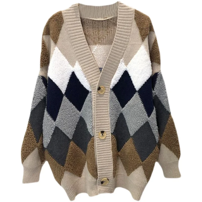 

Plaided Knitted Loose Long Casual Sweater Cardigan for Woman 2022 Autumn Winter Designer Luxury Female Knitwear Jumper