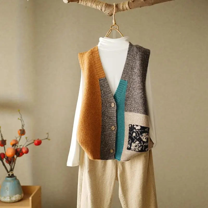 

Autumn Women Panelled Vintage Sweaters Vest Button Cardigans Knitted Fashion Sleeveless V-Neck Loose Casual Sweater Coats 2022
