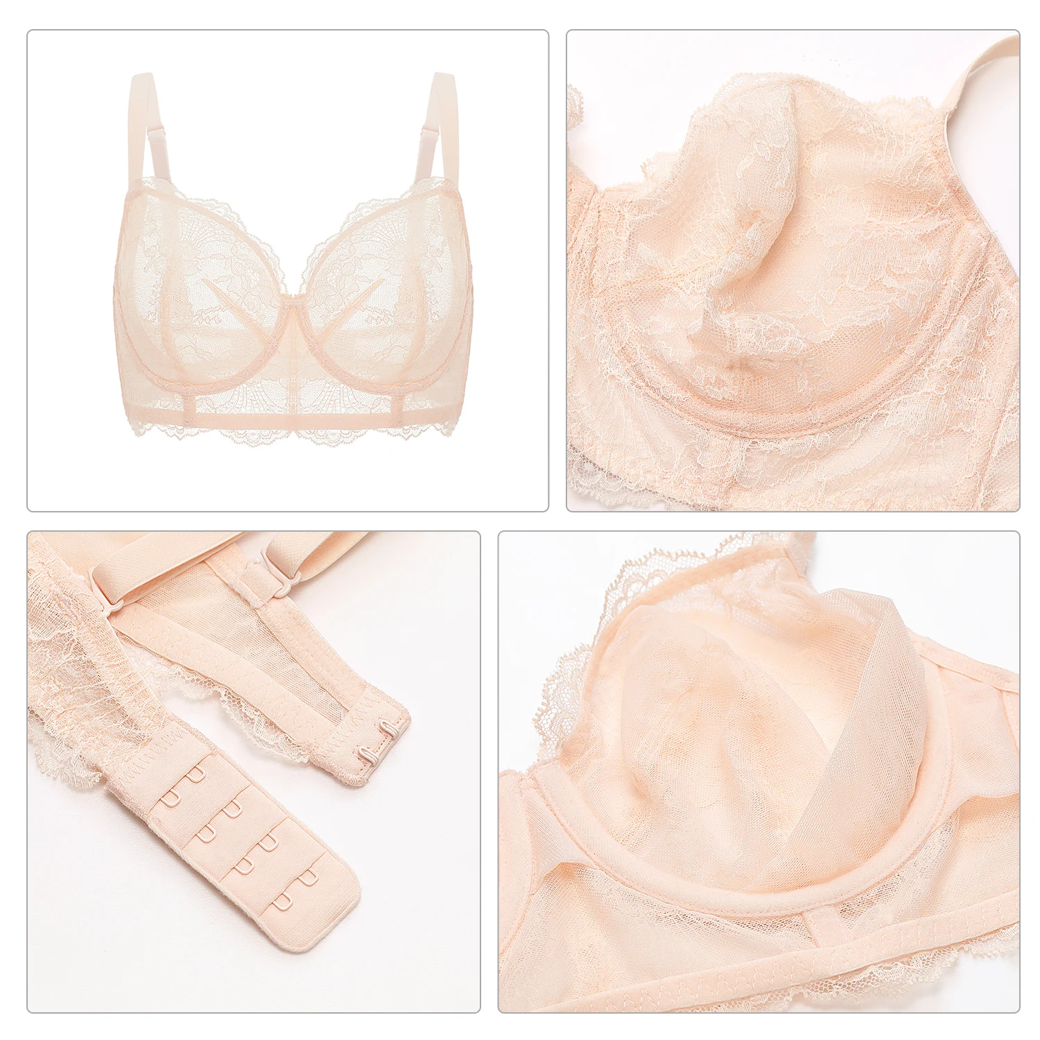 DOBREVA Women's See Through Lace Bra Low Back Sexy Balconette Bras Underwire Unlined Bralette Minimizer Plus Size Transparent