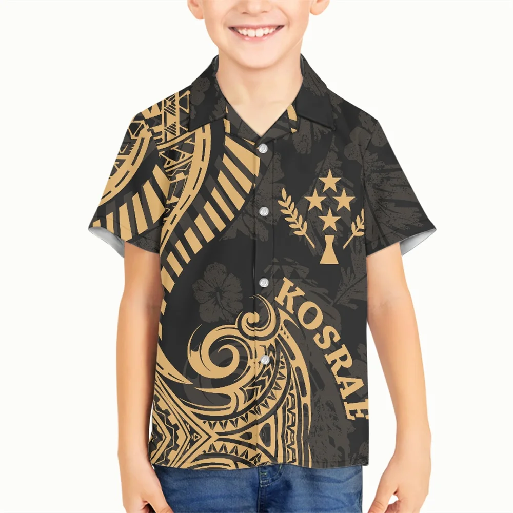 

Printed On Demand Boy Shirt Polynesian Tribal Kosrae Islands Floral Print Kids Shirts Short Sleeve Button Down Boys V-neck Shirt