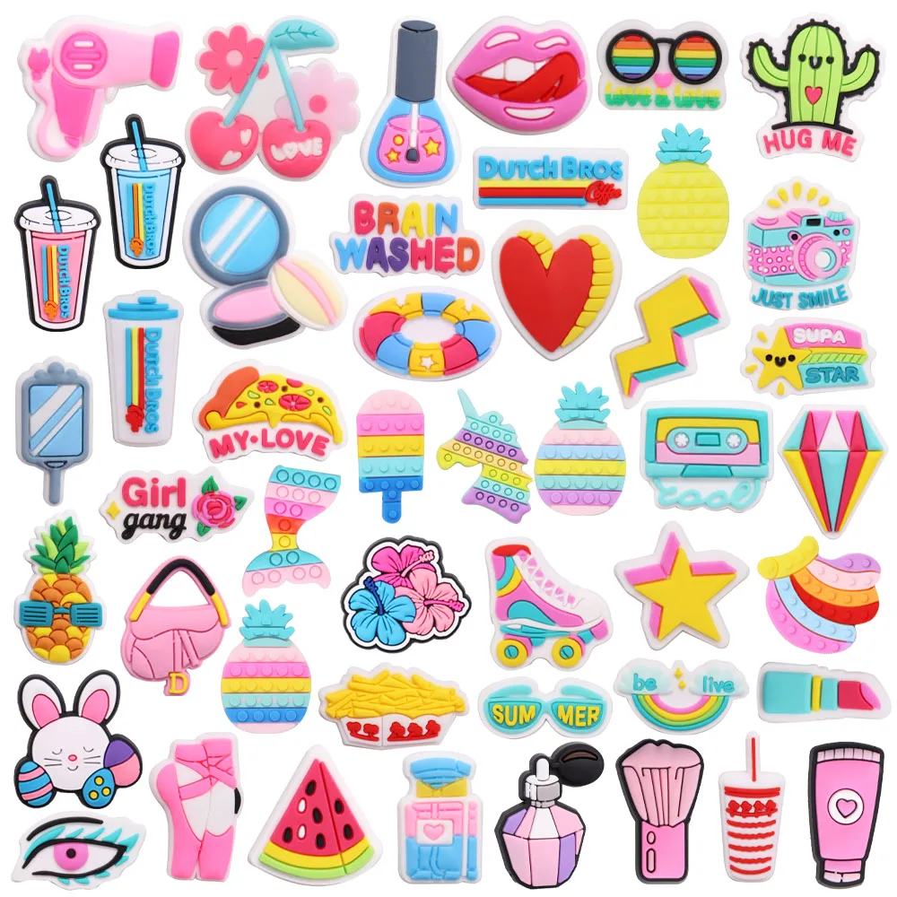 

Wholesale Pack Mix 50-300Pcs JIBZ Drink Pink Icon Girls Macaroon Croc Shoes PVC Shoe Charms Buckle Clog Designer DIY Wristband
