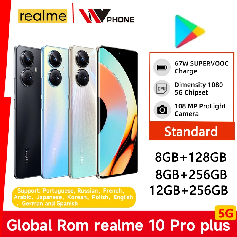 Global Rom realme 10 Pro Plus 5G Smartphone Dimensity 1080 Processor 6.7" 120Hz AMOLED Display 108MP Camera 67W Charge