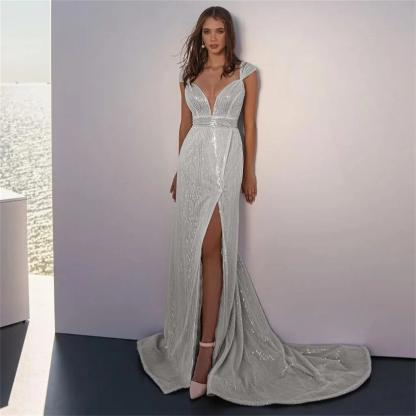 

Sexy High Split Sequined Prom Maxi Dress For Women Elegant Deep V Neck Sleeveless Dress 2023 Summer Backless Evening Party Dress