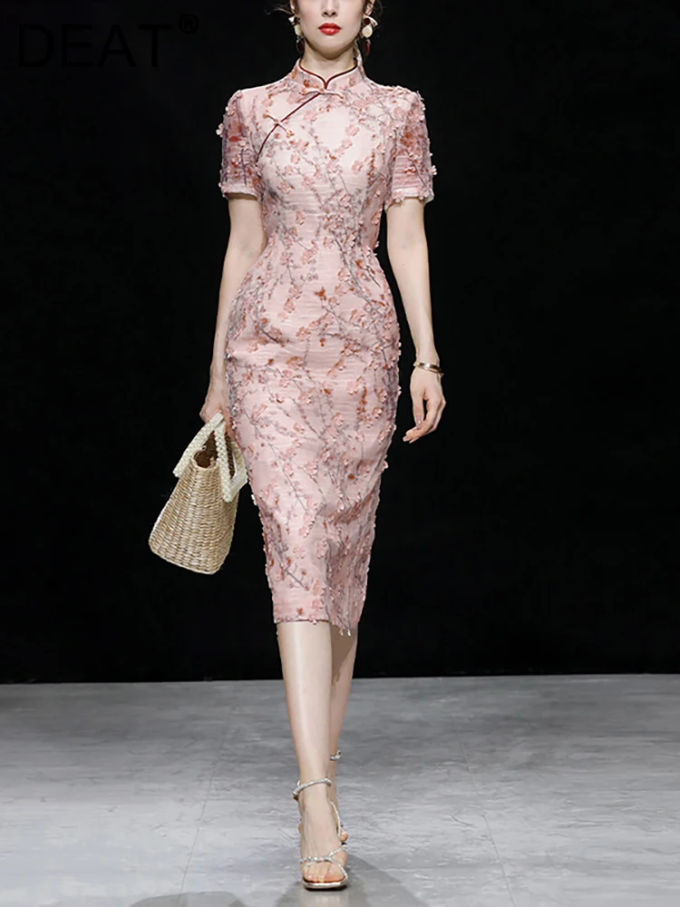 

DEAT Women's Fashion Dress Stand Collar Short Sleeve Print High Waist Female Elegant Party Dresses Summer 2023 New 13DB3287