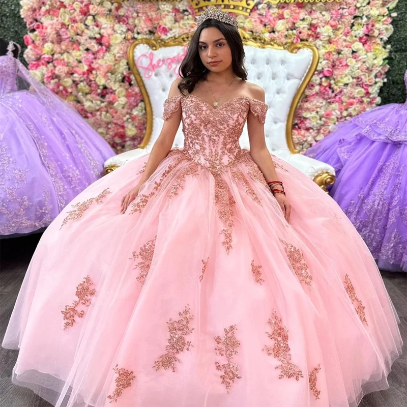 

ANGELSBRIDEP Pink Off Shoulder Quinceanera Dresses Tulle Corset Back Sequins Birthday Formal Party Gown Robes De Soirée Custom